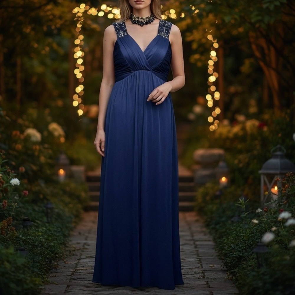 Nightway Dress 12P Navy Blue Sequin Beaded Keyhole Back Empire Maxi‎ Gown 4060